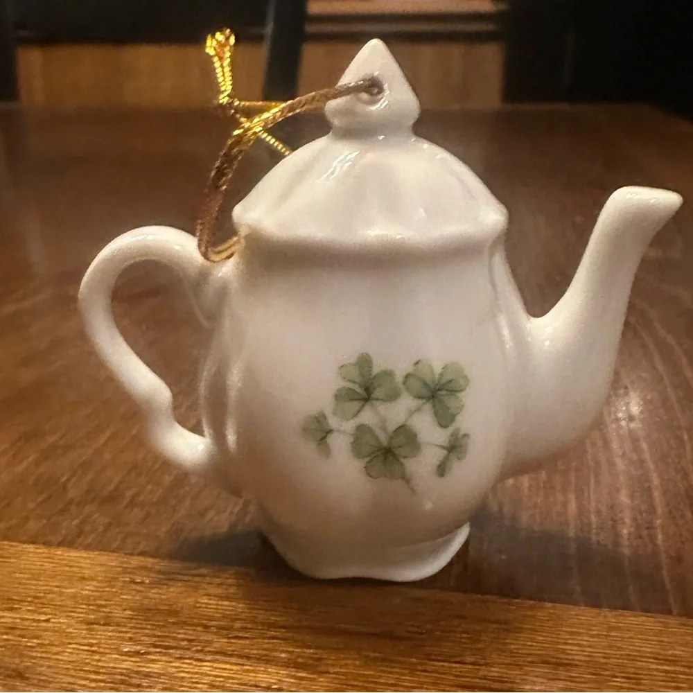 White Teapot Ornament with Green Clover Design - Picture 2 of 4